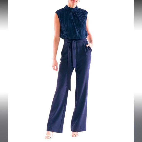 Julia Jordan Pleated Chiffon Crepe Tie Waist Jumpsuit Size 4 Navy Straight Leg - Picture 1 of 13
